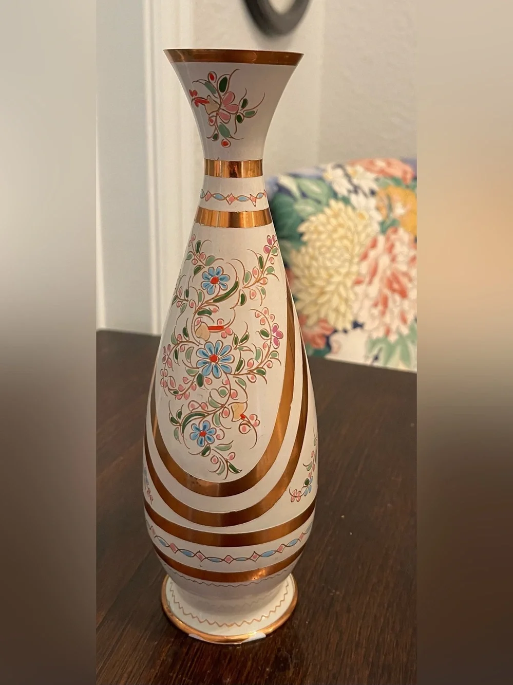 Vintage Hand-Painted Enameled Brass Floral Bud Vase - Bohemian Decor EUC